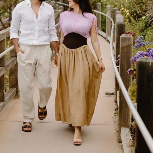 Tory Burch ! silk Chiffon Linen Burlap Dress in Lilac and Tan ( 2) - Picture 6 of 17